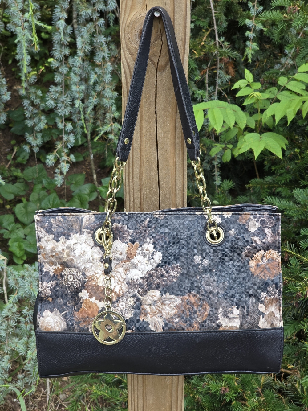 Bueno Black Floral Shoulder Bag with Gold Chain Hardware